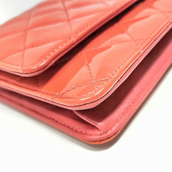 Authentic Chanel WOC Classic Wallet On Chain Patent Quilted Coral SHW - Picture 9 of 11